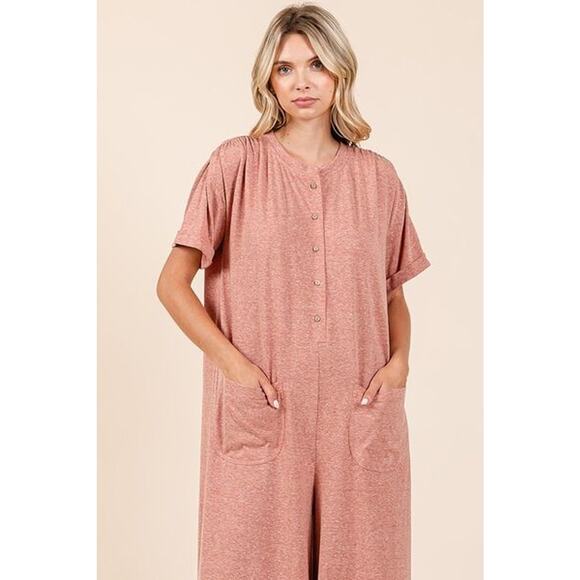 Mittoshop Button Detail Short Sleeves Relaxed Fit Wide Leg Jumpsuit | Ginger - Picture 6 of 6